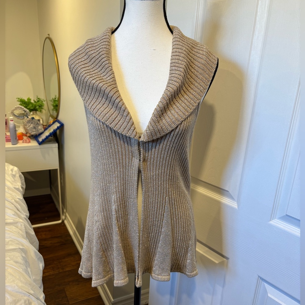 Peter Nygard Gold Metallic Knit Open Front Cardigan Vest Large